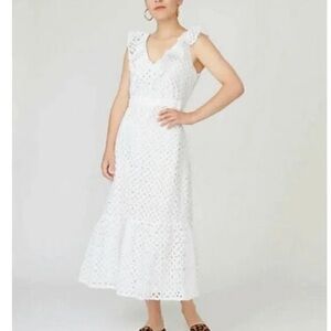 J Crew Dress Womens Size 8 White Eyelet Lace Ruffle Midi Feminine Cottagecore